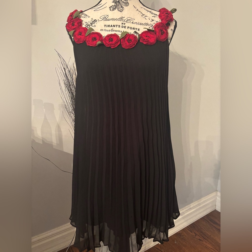 Silk Rosette Neckline Black Pleated Dress by SHANI
